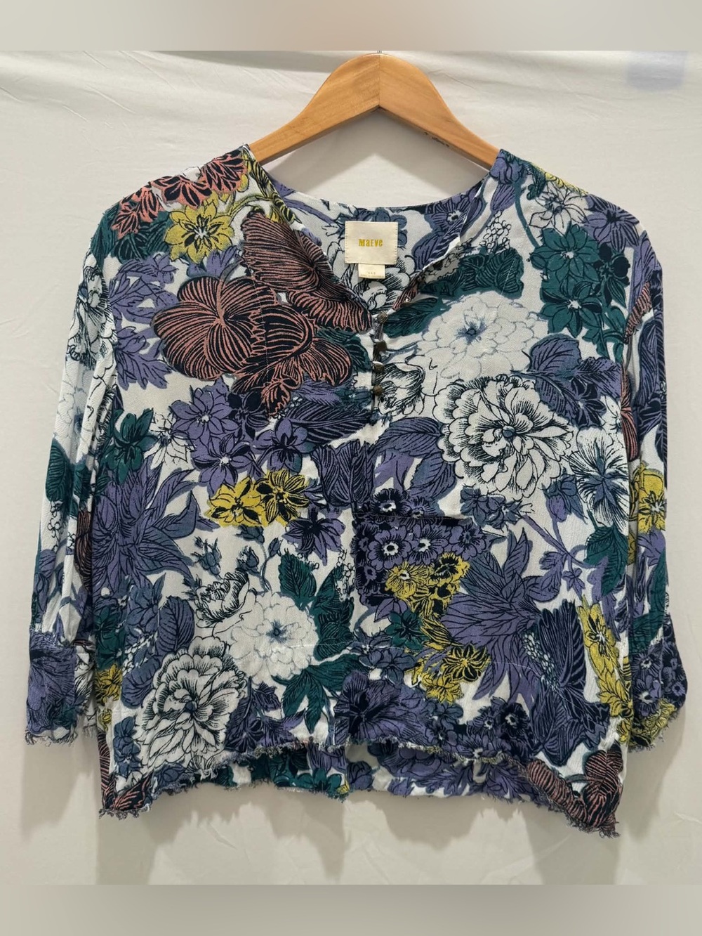 Maeve Anthropologie Women Floral Button Front Top Blue Yellow Raw Hem XXS